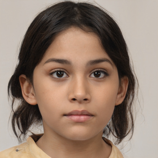Neutral latino young-adult female with medium  brown hair and brown eyes