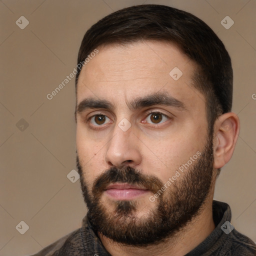 Neutral white young-adult male with short  brown hair and brown eyes