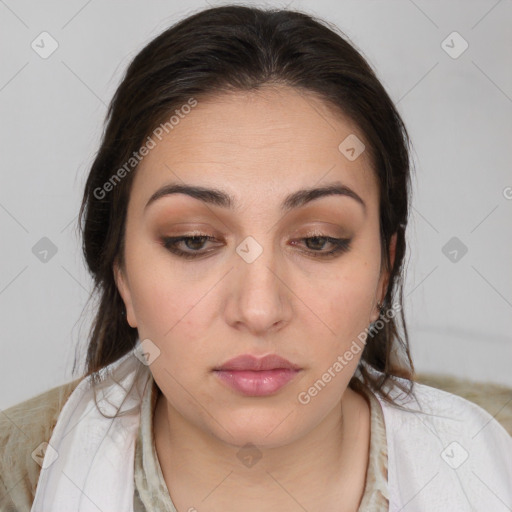 Neutral white young-adult female with medium  brown hair and brown eyes