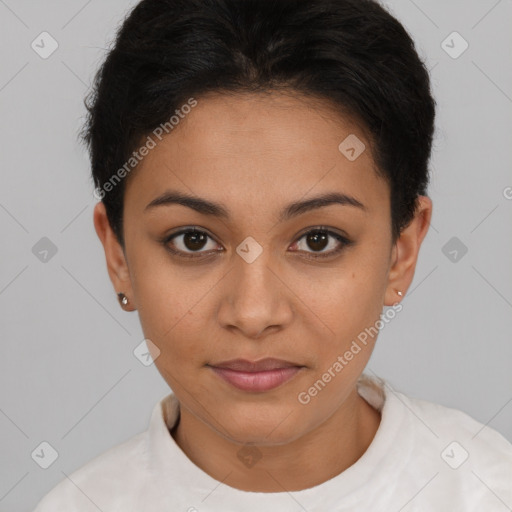 Joyful latino young-adult female with short  brown hair and brown eyes