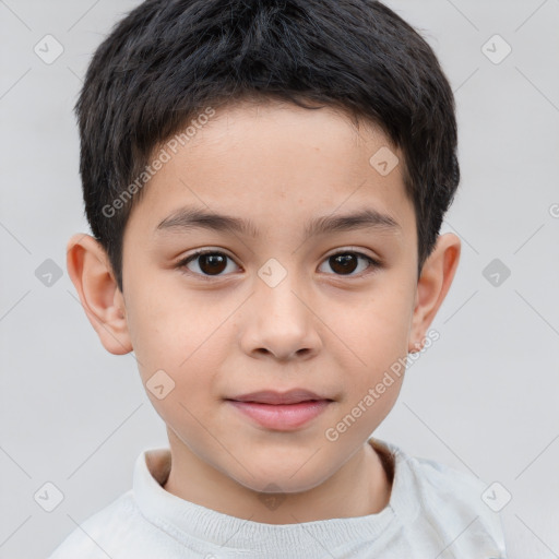 Joyful white child male with short  brown hair and brown eyes