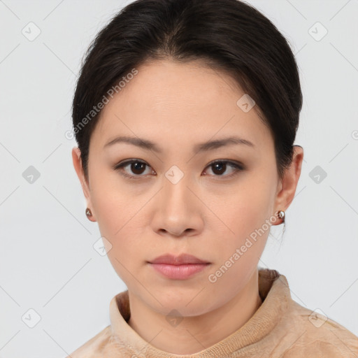 Neutral asian young-adult female with short  brown hair and brown eyes