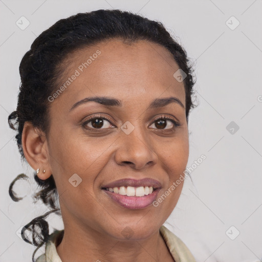 Joyful black young-adult female with medium  brown hair and brown eyes