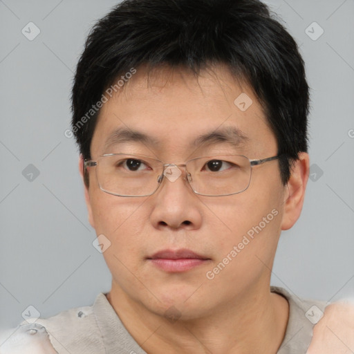 Neutral asian adult male with short  brown hair and brown eyes