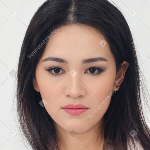 Neutral asian young-adult female with long  brown hair and brown eyes