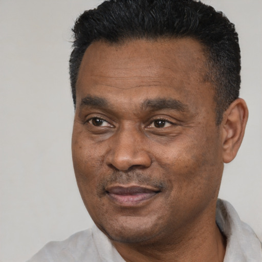Joyful black adult male with short  black hair and brown eyes