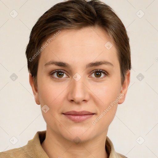 Joyful white young-adult female with short  brown hair and grey eyes