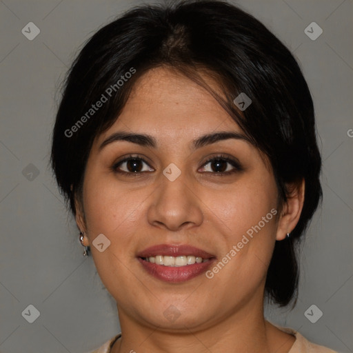 Joyful white young-adult female with medium  brown hair and brown eyes