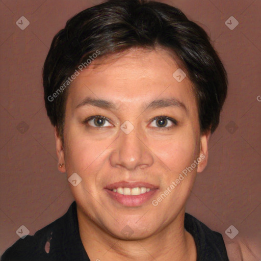 Joyful white adult female with short  brown hair and brown eyes