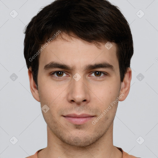 Neutral white young-adult male with short  brown hair and brown eyes