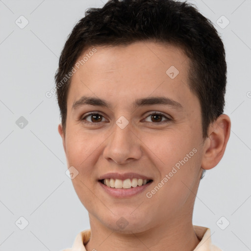 Joyful white young-adult female with short  brown hair and brown eyes