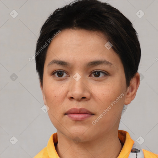 Neutral white young-adult female with short  brown hair and brown eyes