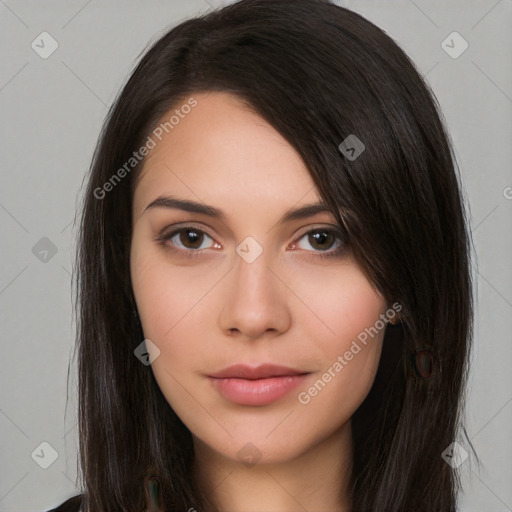 Neutral white young-adult female with long  brown hair and brown eyes