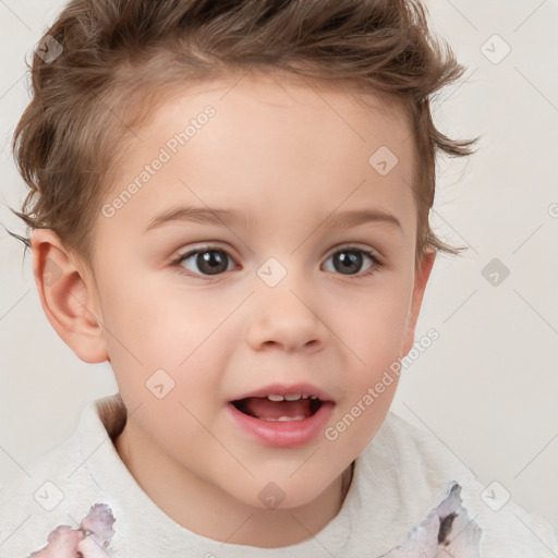 Joyful white child female with short  brown hair and brown eyes