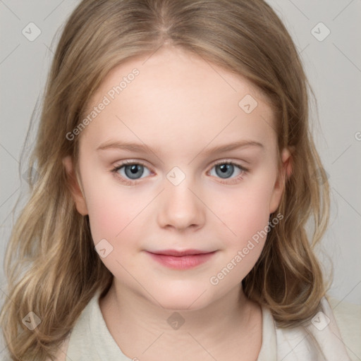 Neutral white child female with medium  brown hair and grey eyes