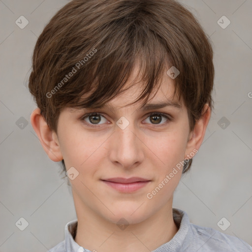 Joyful white child female with medium  brown hair and brown eyes