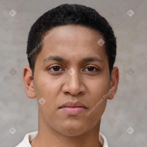 Joyful latino young-adult male with short  brown hair and brown eyes