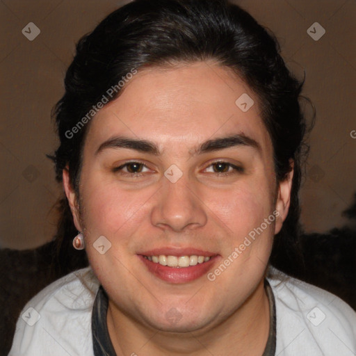 Joyful white young-adult male with medium  brown hair and brown eyes