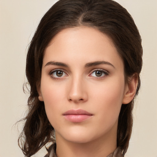 Neutral white young-adult female with medium  brown hair and brown eyes