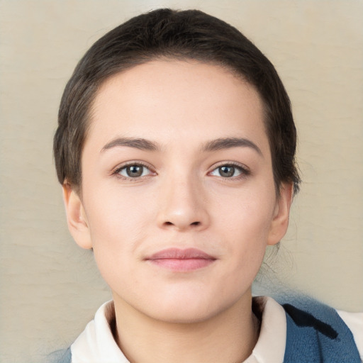 Neutral white young-adult female with short  brown hair and brown eyes