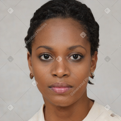 Neutral black young-adult female with short  black hair and brown eyes