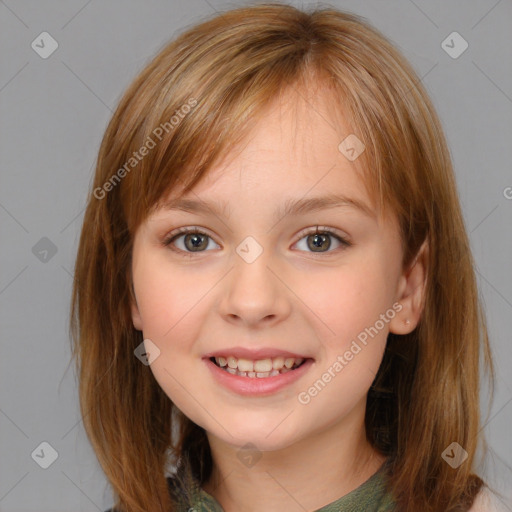 Joyful white child female with medium  brown hair and blue eyes