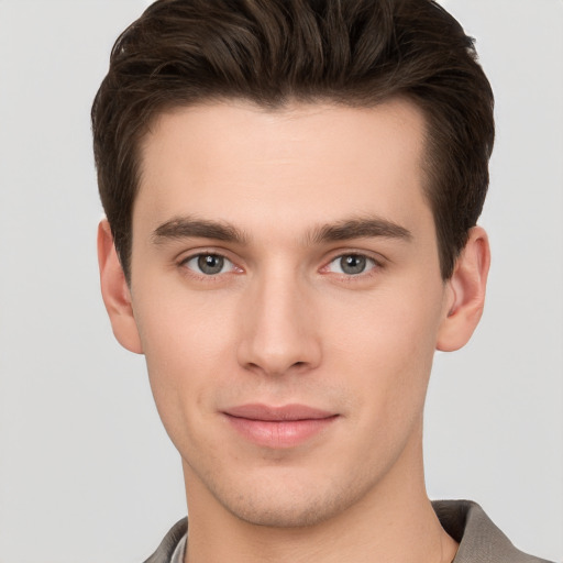 Neutral white young-adult male with short  brown hair and brown eyes