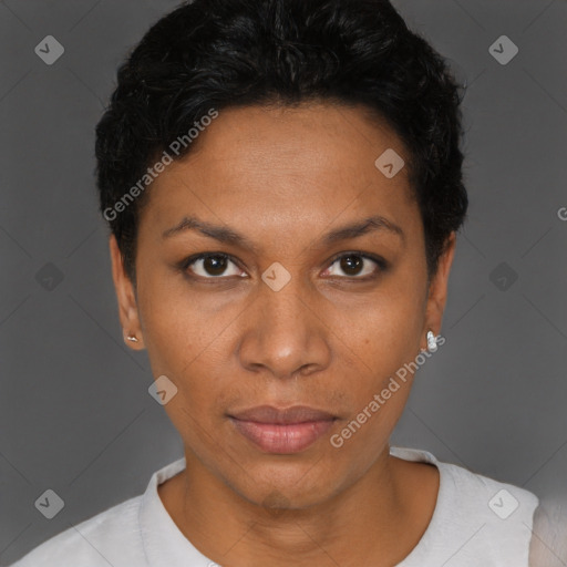 Neutral black young-adult female with short  black hair and brown eyes