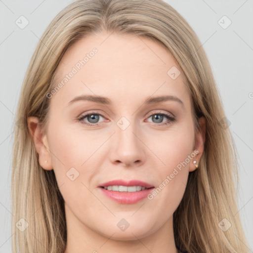 Joyful white young-adult female with long  brown hair and grey eyes