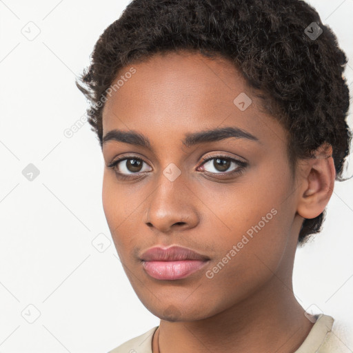 Neutral black young-adult female with short  brown hair and brown eyes