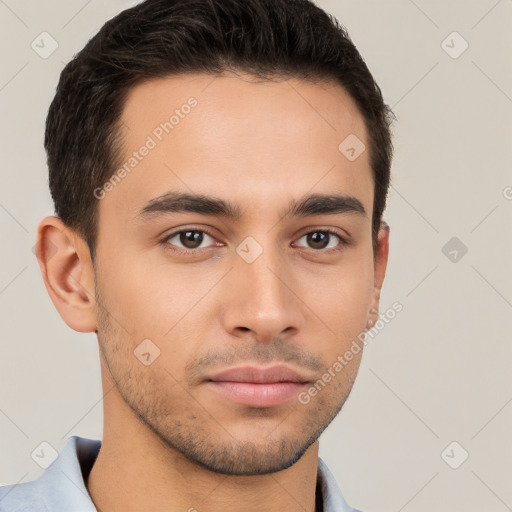 Neutral white young-adult male with short  brown hair and brown eyes