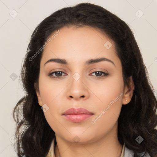 Neutral latino young-adult female with long  brown hair and brown eyes