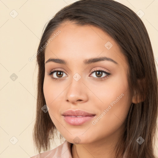 Neutral white young-adult female with long  brown hair and brown eyes