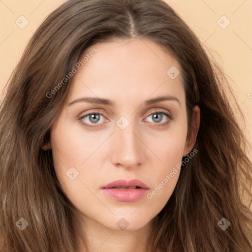 Neutral white young-adult female with long  brown hair and brown eyes