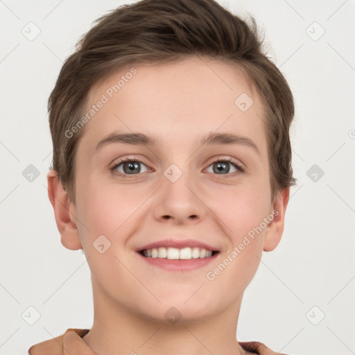 Joyful white young-adult female with short  brown hair and grey eyes