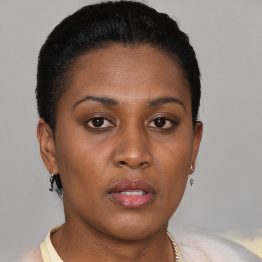 Neutral black young-adult female with short  brown hair and brown eyes