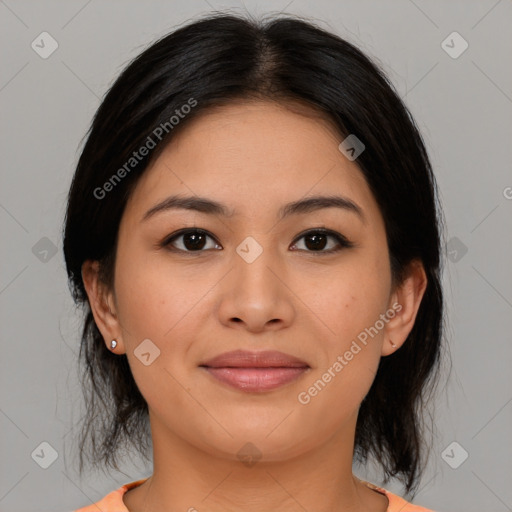 Joyful asian young-adult female with medium  black hair and brown eyes