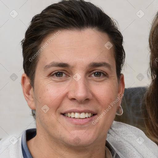 Joyful white adult female with short  brown hair and brown eyes