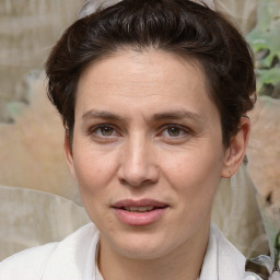 Joyful white adult female with medium  brown hair and brown eyes