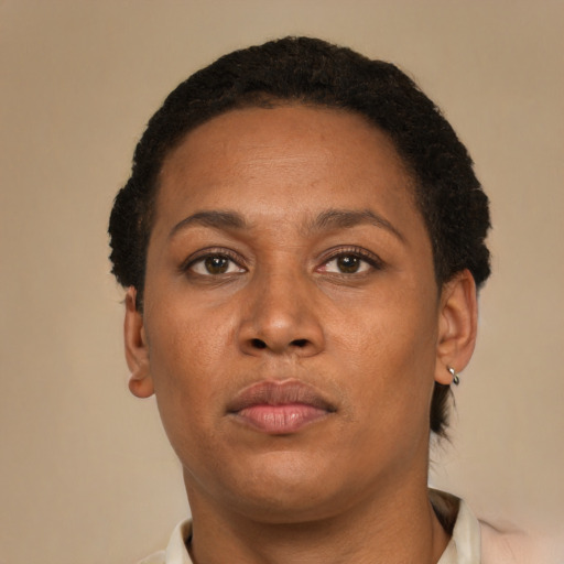 Neutral latino adult female with short  black hair and brown eyes