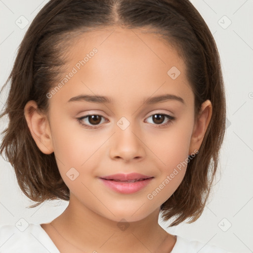 Joyful white child female with medium  brown hair and brown eyes