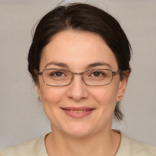 Joyful white adult female with medium  brown hair and brown eyes