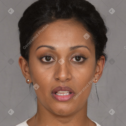 Joyful latino young-adult female with short  brown hair and brown eyes