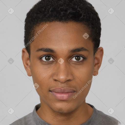 Neutral black young-adult male with short  black hair and brown eyes