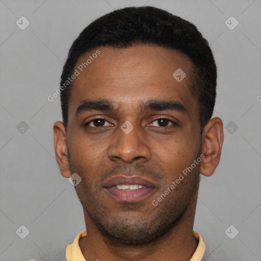 Neutral latino young-adult male with short  black hair and brown eyes