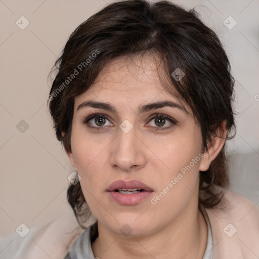 Neutral white young-adult female with medium  brown hair and brown eyes