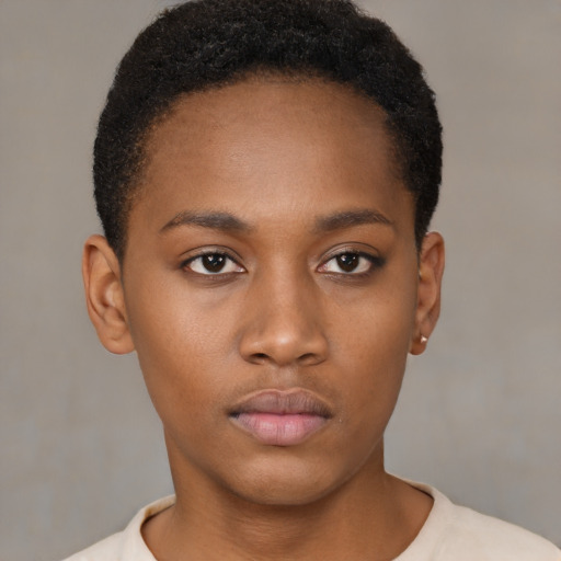 Neutral black young-adult female with short  brown hair and brown eyes