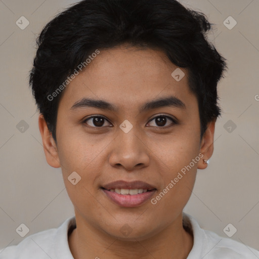 Joyful asian young-adult female with short  brown hair and brown eyes