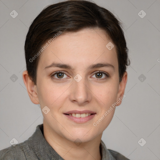 Joyful white young-adult female with short  brown hair and brown eyes