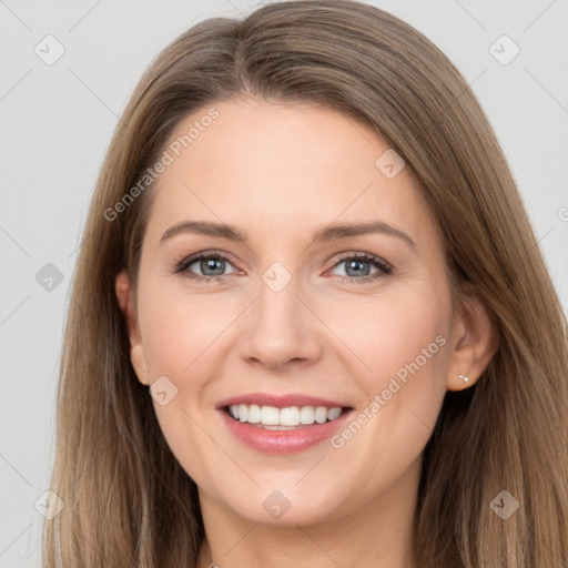 Joyful white young-adult female with long  brown hair and grey eyes